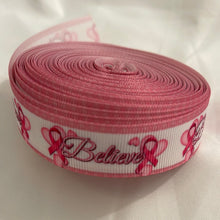 Load image into Gallery viewer, Pink & White Believe Breast Cancer 7/8" Ribbon 3 yards for hair bows & Crafts