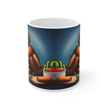 Load image into Gallery viewer, Thanksgiving Too Stuffed to Fly Turkey All Dressed up and Nowhere to Go Ceramic Mug 11oz Design #6 Mirrored Images
