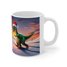 Load image into Gallery viewer, Dinosaur Raptor Rocks Christmas Santa Red Hat Ceramic Mug 11oz Design #2 Mirrored Images