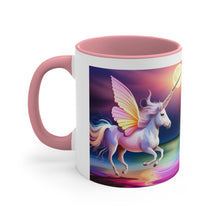 Load image into Gallery viewer, Imaginary Pink Pastel Unicorn with Beautiful Wings Facing Off at Midnight Accent Coffee 11oz Mug AI Generated Image