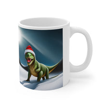 Load image into Gallery viewer, Dinosaur Raptor Rocks Christmas Santa Red Hat Ceramic Mug 11oz Design #6 Mirrored Images