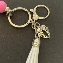 Load image into Gallery viewer, Hand Crafted Pink and white Tassel keychain purse clip with AngelWing Charm