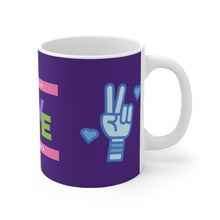 Load image into Gallery viewer, Pastel Because Love Matters, Peace Splash Peace Fingers Purple 11oz Coffee Mug Wrap-a-round Design