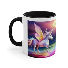 Load image into Gallery viewer, Imaginary Pink Pastel Unicorn with Beautiful Wings Facing Off at Midnight Accent Coffee 11oz Mug AI Generated Image