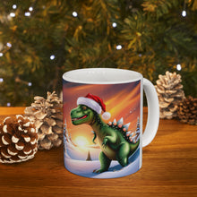 Load image into Gallery viewer, Dinosaur Raptor Rocks Christmas Santa Red Hat Ceramic Mug 11oz Design #1 Mirrored Images