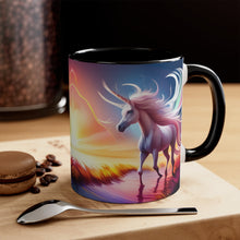 Load image into Gallery viewer, Imaginary Pink Pastel Unicorn with Beautiful Rainbow Facing Off as the Sky Explodes Vibrant Colors Accent Coffee 11oz Mug AI Generated Image
