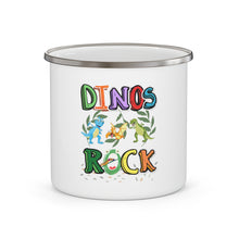 Load image into Gallery viewer, Raptor Dinosaurs Dinos Rock this Place Enamel Campfire 12oz Stainless Steel Mug image Repeats