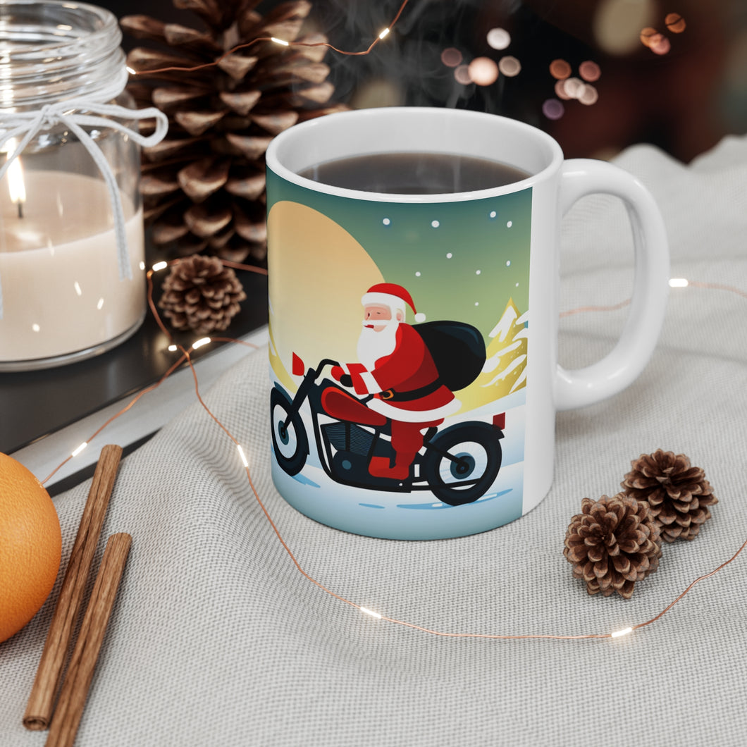 Moonlight Motorcycling Santa 11 oz Ceramic Mug Package Delivery Wrap-a-round #3