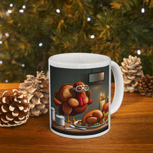 Load image into Gallery viewer, Thanksgiving Too Stuffed Candlelight Turkey All Dressed up and Nowhere to Go Ceramic Mug 11oz Left right