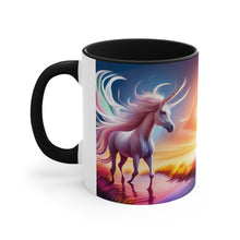 Load image into Gallery viewer, Imaginary Pink Pastel Unicorn with Beautiful Rainbow Facing Off as the Sky Explodes Vibrant Colors Accent Coffee 11oz Mug AI Generated Image