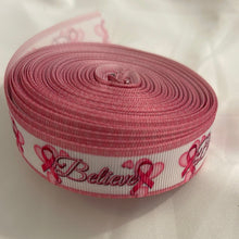 Load image into Gallery viewer, Pink & White Believe Breast Cancer 7/8" Ribbon 3 yards for hair bows & Crafts