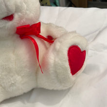 Load image into Gallery viewer, Caltoy White Plush Bear Red Ribbon & Hearts on Feet 11" (Pre-owned)