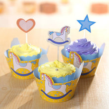 Load image into Gallery viewer, Rocking Horse Baby Shower Toddler Cupcake Wrappers and Picks for Baby Shower Party Decorations (Set of 12)