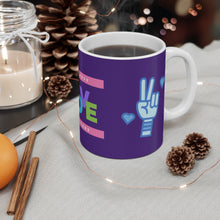 Load image into Gallery viewer, Pastel Because Love Matters, Peace Splash Peace Fingers Purple 11oz Coffee Mug Wrap-a-round Design