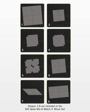 Load image into Gallery viewer, AccuQuilt GO! Qube Mix and Match 4 Inch Block with 8 Basic Cut Quilting Shapes, 2 Cutting Mats, Videos, Storage Box, and 14 Pattern Booklet
