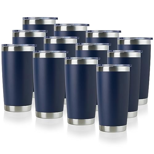 20oz Stainless Steel Tumbler Bulk with Lid, Double Wall Vacuum Insulated Travel Mug, Powder Coated Coffee Cup (Navy, 12)