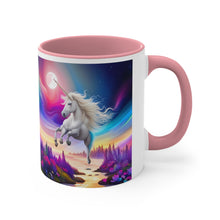 Load image into Gallery viewer, Imaginary Unicorns in a Sea of Butterflies with Beautiful Mane Facing Off at the Moon Vibrant Colors Accent Coffee 11oz Mug AI Generated Image