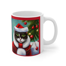 Load image into Gallery viewer, Fancy Mischievous Gray Kitty Christmas Vibes Ceramic Mug 11oz Design #1