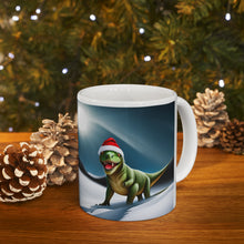 Load image into Gallery viewer, Dinosaur Raptor Rocks Christmas Santa Red Hat Ceramic Mug 11oz Design #6 Mirrored Images