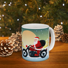 Load image into Gallery viewer, Moonlight Motorcycling Santa 11 oz Ceramic Mug Package Delivery Wrap-a-round #3