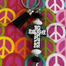 Load image into Gallery viewer, Black white cross keychain Custom Handmade Bead Bar About 3" Long