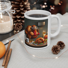 Load image into Gallery viewer, Thanksgiving Too Stuffed Candlelight Turkey All Dressed up and Nowhere to Go Ceramic Mug 11oz Left right