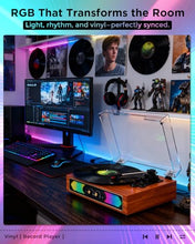 Load image into Gallery viewer, Bluetooth Record Player with RGB Lights, 3-Speed Belt-Drive Turntable with Built-in Stereo Speakers, Bass/Treble Control, Auto Stop, AUX in/Out, RCA Out, Retro Wood Vinyl Player for Home & Gift Use