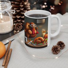 Load image into Gallery viewer, Thanksgiving Too Stuffed Candlelight Turkey All Dressed up and Nowhere to Go 11oz Ceramic Mug
