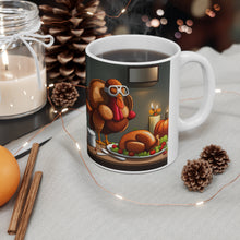 Load image into Gallery viewer, Thanksgiving Too Stuffed Candlelight Turkey All Dressed up and Nowhere to Go 11oz Ceramic Mug