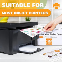 Load image into Gallery viewer, 100 Pcs Glossy White Printable Vinyl Sticker Paper,Sticker Paper for Inkjet Printer & Laser Printer,Waterproof Self-Adhesive Sheets,8.5"x11"