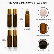 Load image into Gallery viewer, 4 PACK Roller Bottles with Natural Rose Quartz Balls - 10ml Refillable Amber Glass Essential Oil Roll On Kit, Leak-Proof for Travel, Aromatherapy, DIY Perfume & Gifts (10ml Pink Glod Amber Bottles)