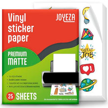 Load image into Gallery viewer, JOYEZA Premium Printable Vinyl Sticker Paper for Inkjet Printer - 25 Sheets Matte White Waterproof, Dries Quickly Vivid Colors, Holds Ink well- Tear Resistant - Inkjet & Laser Printer