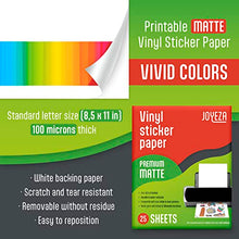 Load image into Gallery viewer, JOYEZA Premium Printable Vinyl Sticker Paper for Inkjet Printer - 25 Sheets Matte White Waterproof, Dries Quickly Vivid Colors, Holds Ink well- Tear Resistant - Inkjet & Laser Printer