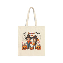 Load image into Gallery viewer, Trick-or-Treat Halloween Kids Cowboy & Girl Cotton Canvas Tote Bag 15" x 16" Spooky Ghost, Jack-O-Lantern,  Candy Cones Candy