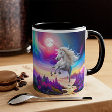 Load image into Gallery viewer, Imaginary Unicorns in a Sea of Butterflies with Beautiful Mane Facing Off at the Moon Vibrant Colors Accent Coffee 11oz Mug AI Generated Image