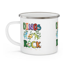 Load image into Gallery viewer, Raptor Dinosaurs Dinos Rock this Place Enamel Campfire 12oz Stainless Steel Mug image Repeats