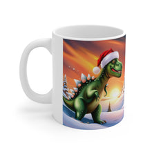 Load image into Gallery viewer, Dinosaur Raptor Rocks Christmas Santa Red Hat Ceramic Mug 11oz Design #1 Mirrored Images