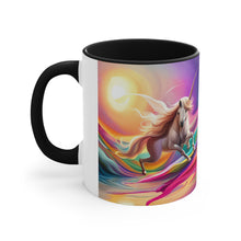 Load image into Gallery viewer, Imaginary Pink Pastel Jumping Unicorn with Beautiful Mane Facing Off into a Sea of Vibrant Colors Accent Coffee 11oz Mug AI Generated Image