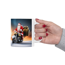 Load image into Gallery viewer, Here Comes Motorcycling Santa Bringing Gifts 11 oz Ceramic Mug Package Delivery Wrap-a-round #2
