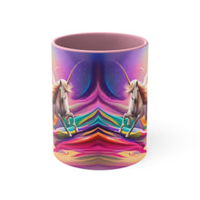 Load image into Gallery viewer, Imaginary Pink Pastel Jumping Unicorn with Beautiful Mane Facing Off into a Sea of Vibrant Colors Accent Coffee 11oz Mug AI Generated Image