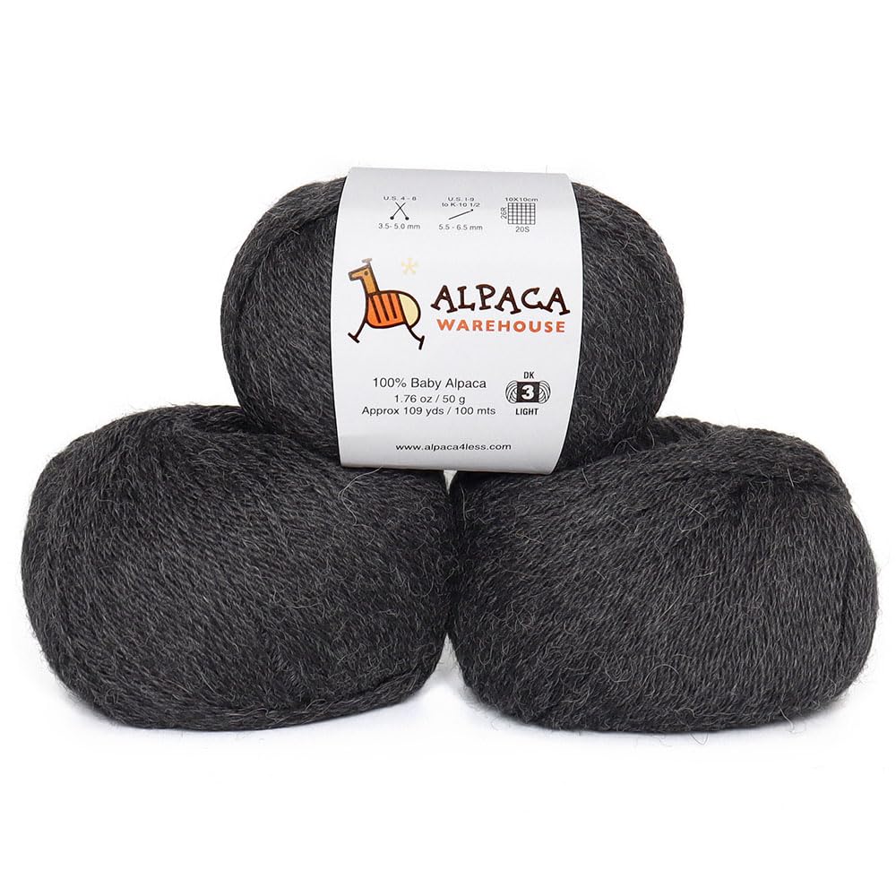 100% Baby Alpaca Yarn Wool Set of 3 Skeins DK Weight - Made in Peru - Heavenly Soft and Perfect for Knitting and Crocheting (Charcoal Gray, DK)