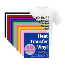 Load image into Gallery viewer, TECKWRAP 3D Puff Vinyl Heat Transfer Vinyl Sheets, 15 Sheets 12"x10" Iron-on Vinyl for T-Shirts, Clothes, Bags and More, Compatible with Most Cutter Machines, Easy to Cut & Weed