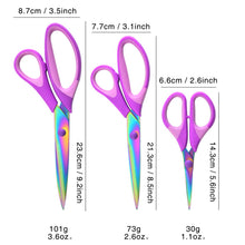 Load image into Gallery viewer, Craft Scissors Set of 3 Pack, All Purpose Sharp Titanium Blades Shears, Comfort Grip Handle, Multipurpose Fabric Scissors Tool Great for Adults, Office, Sewing, School and Home Supplies, Purple