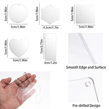 Load image into Gallery viewer, 250 Pieces Clear Acrylic Keychain Blanks Transparent Acrylic Rectangle Square Circle Heart Hexagon Shaped Keychain Blanks with Hole Clear Acrylic Ornament Blanks for DIY Crafts Projects Holiday Decor