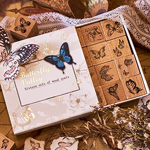 Tvoip 16 Pcs Wooden Rubber Stamp Set, Vintage Butterfly Scrapbooking Stamps Junk Journal DIY Craft Wooden Rubber Stamps Set for Scrapbook Album Diary Seal Stamps