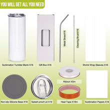 Load image into Gallery viewer, Sublimation Tumblers bulk 20 OZ Skinny Stainless Steel Double Wall Insulated Straight Sublimation Cups 50 Pack Blanks White Tumbler with Lid,Straw,Heat Resistant Tape&Shrink Sleeves,Individually Boxed