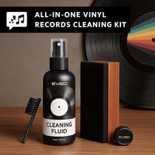Load image into Gallery viewer, EVEO Vinyl Record Cleaning Kit - 4in1 Vinyl Record Cleaner Kit for Vinyl Records Albums. Vinyl Cleaner Includes XL Record Brush, Cleaning Liquid (4oz), Duster & Stylus Cleaning Gel - Archival Standard