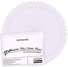 Load image into Gallery viewer, Premium Printable Vinyl Sticker Paper - for Inkjet and Laser Printer - 55 Pack Glossy White Waterproof Inkjet Printable Vinyl - Dries Quickly and Holds Ink Beautifully JANDJPACKAGING