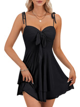 Load image into Gallery viewer, Rooscier Women's Straps Tie Knot Layered Ruffle A Line Sleeveless Ruched Contrast Mesh Mini Dress Black X-Large
