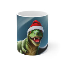 Load image into Gallery viewer, Dinosaur Raptor Rocks Christmas Santa Red Hat Ceramic Mug 11oz Design #6 Wrap-a-round